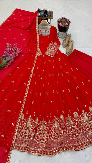 Karwa Chauth Fendy Silk Embroidered Gown Pant Dupatta Set – Red & Wine Maroon ClothsVilla