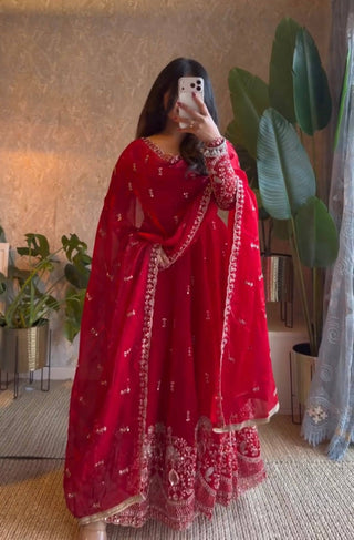 Karwa Chauth Fendy Silk Embroidered Gown Pant Dupatta Set – Red & Wine Maroon ClothsVilla