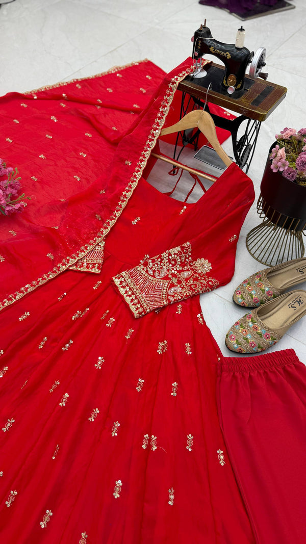 Karwa Chauth Silk-Finish Embroidered Gown Pant Dupatta Set – Red & Wine Maroon ClothsVilla