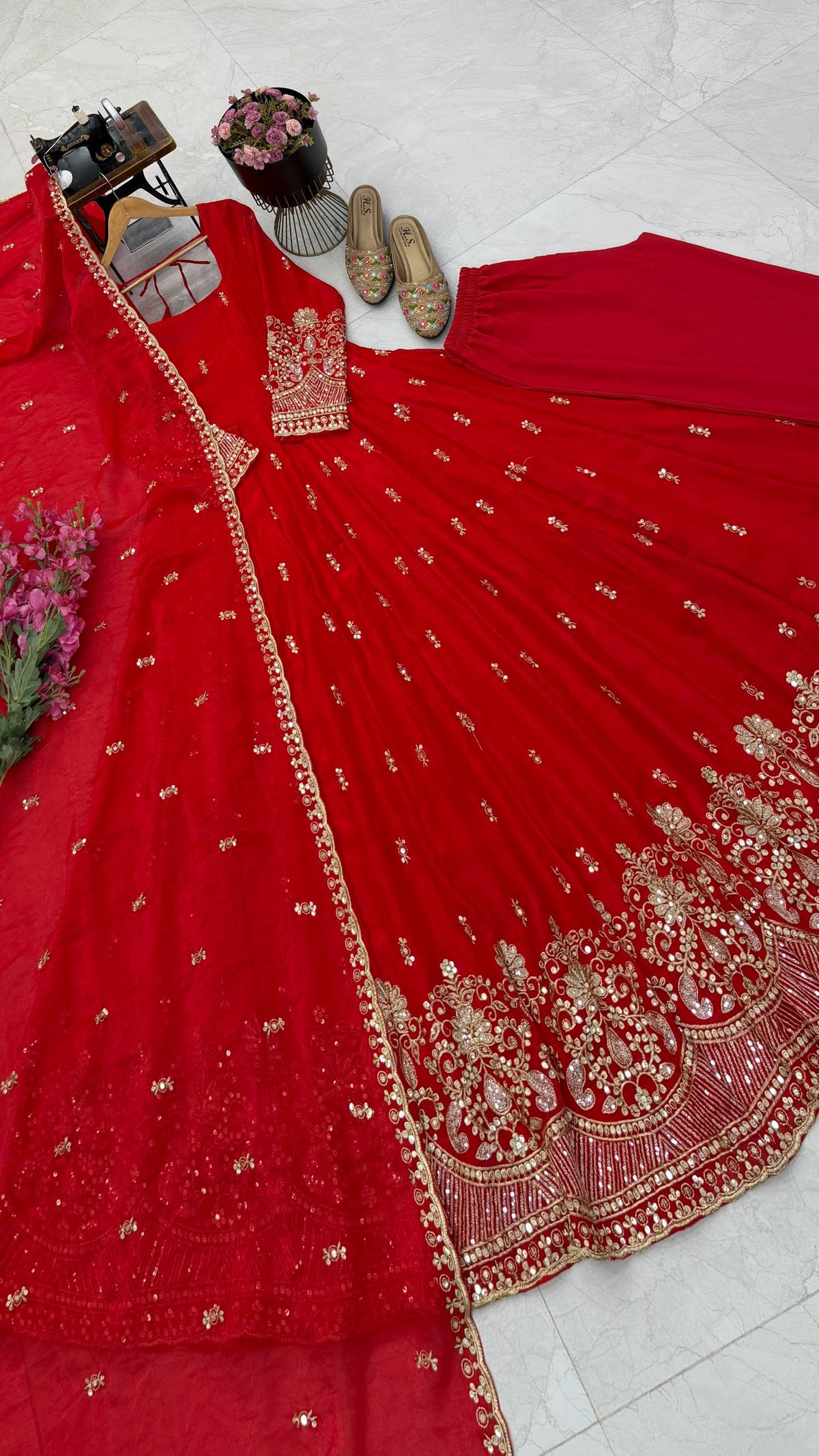 Karwa Chauth Silk-Finish Embroidered Gown Pant Dupatta Set – Red & Wine Maroon ClothsVilla