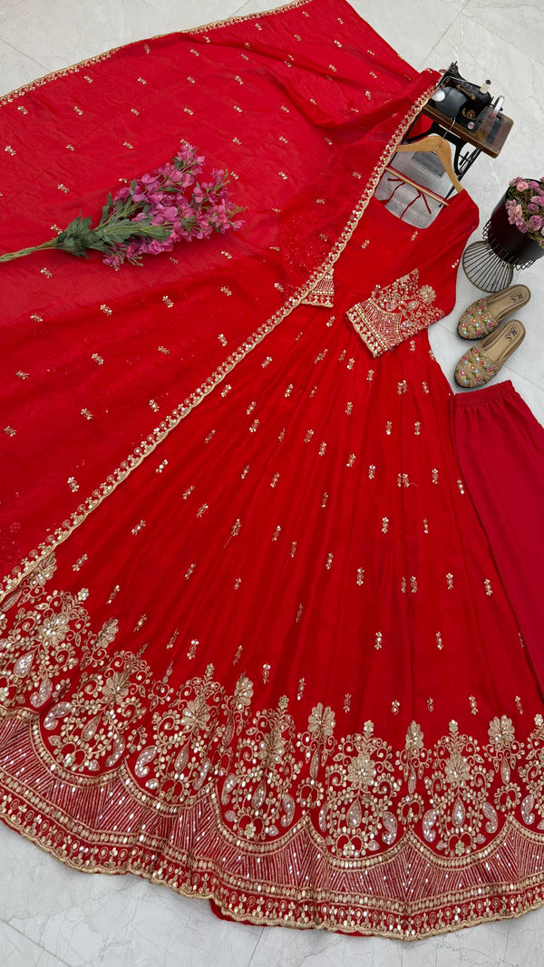Karwa Chauth Silk-Finish Embroidered Gown Pant Dupatta Set – Red & Wine Maroon ClothsVilla