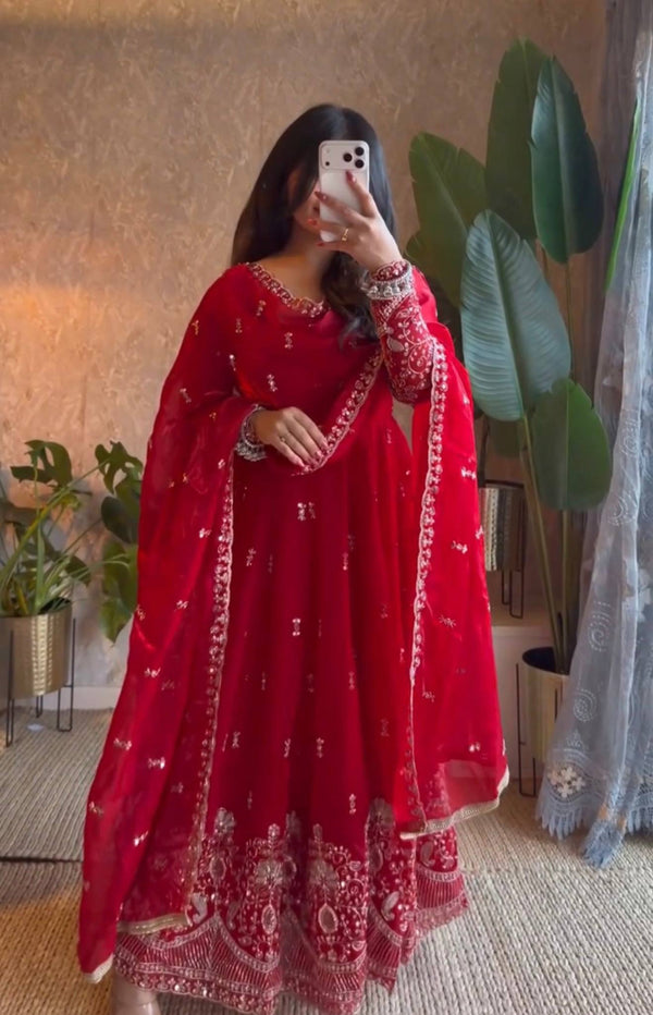 Karwa Chauth Silk-Finish Embroidered Gown Pant Dupatta Set – Red & Wine Maroon ClothsVilla
