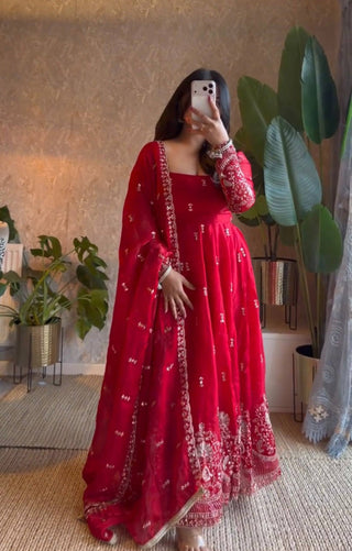 Karwa Chauth Silk-Finish Embroidered Gown Pant Dupatta Set – Red & Wine Maroon ClothsVilla