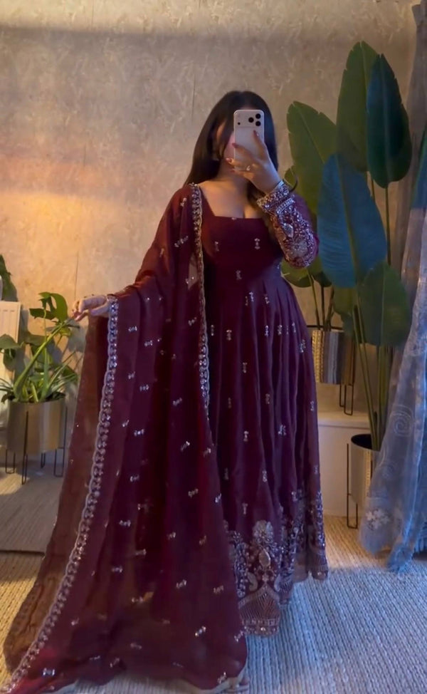 Karwa Chauth Fendy Silk Embroidered Gown Pant Dupatta Set – Red & Wine Maroon ClothsVilla