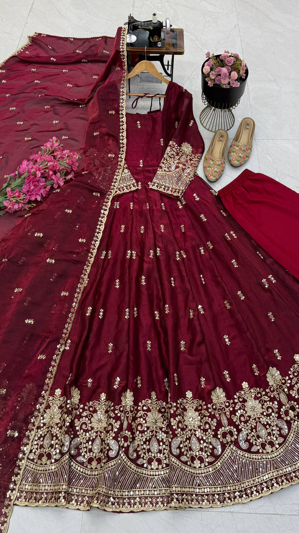 Karwa Chauth Silk-Finish Embroidered Gown Pant Dupatta Set – Red & Wine Maroon ClothsVilla