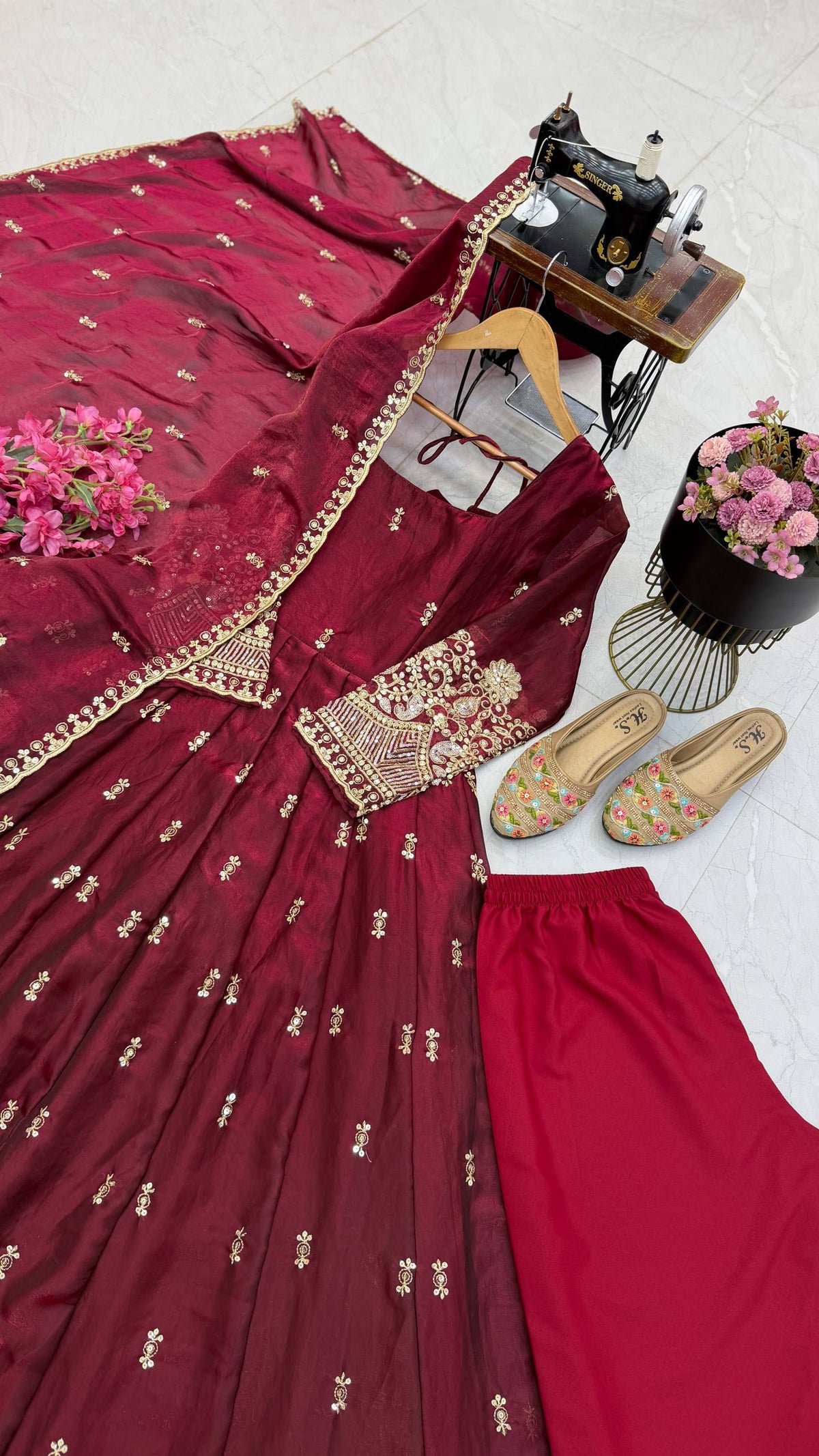 Karwa Chauth Silk-Finish Embroidered Gown Pant Dupatta Set – Red & Wine Maroon ClothsVilla