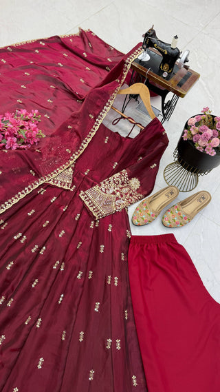 Karwa Chauth Silk-Finish Embroidered Gown Pant Dupatta Set – Red & Wine Maroon ClothsVilla