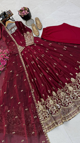 Karwa Chauth Silk-Finish Embroidered Gown Pant Dupatta Set – Red & Wine Maroon ClothsVilla