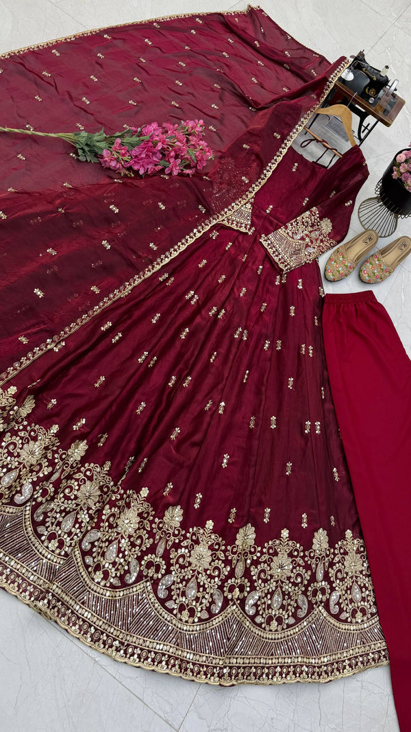 Karwa Chauth Silk-Finish Embroidered Gown Pant Dupatta Set – Red & Wine Maroon ClothsVilla