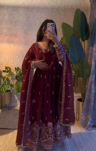 Karwa Chauth Silk-Finish Embroidered Gown Pant Dupatta Set – Red & Wine Maroon ClothsVilla