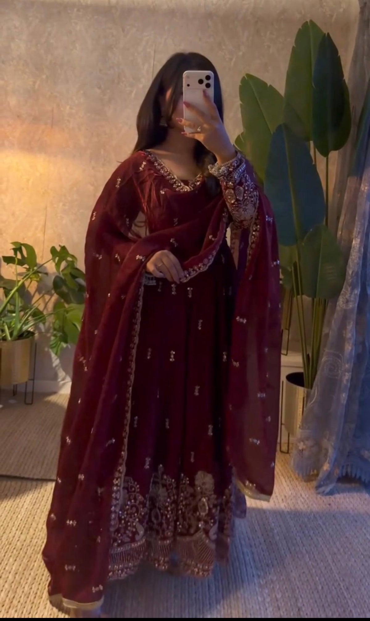 Karwa Chauth Silk-Finish Embroidered Gown Pant Dupatta Set – Red & Wine Maroon ClothsVilla