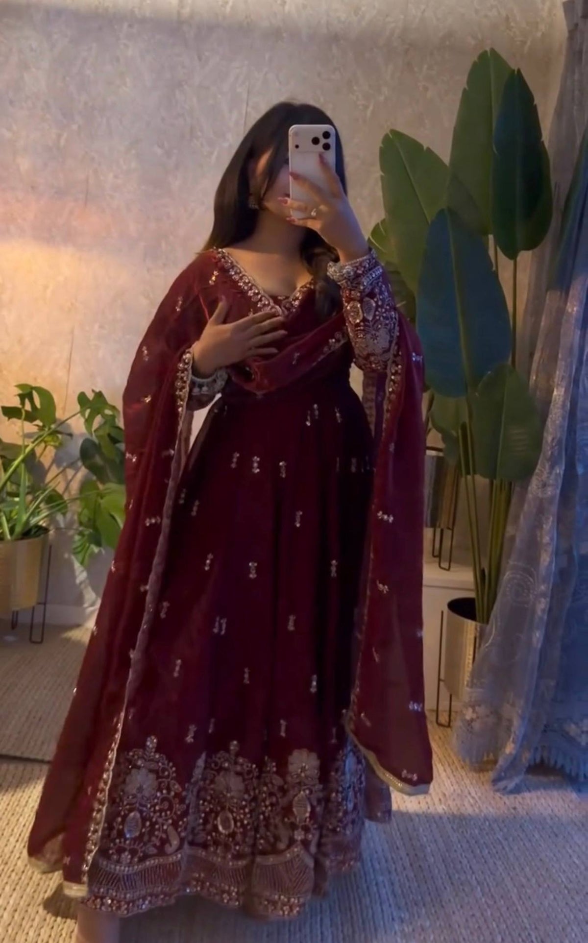 Karwa Chauth Silk-Finish Embroidered Gown Pant Dupatta Set – Red & Wine Maroon ClothsVilla