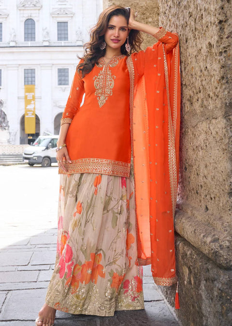 KIARA Chinon Silk Embroidered Floral Sharara Suit Dupatta Set – Orange, Red & Yellow ClothsVilla Main image