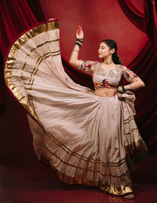 Champagne Beige Malmal Cotton Mirror Work Navratri Lehenga Choli Dupatta Set ClothsVilla