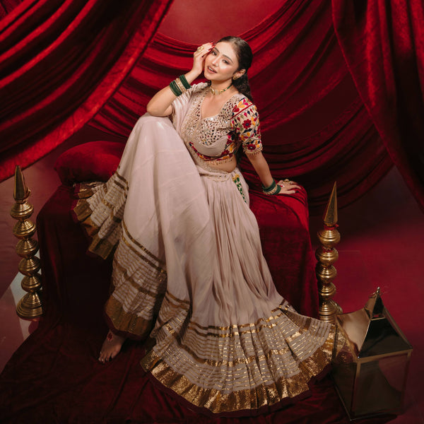 Champagne Beige Malmal Cotton Mirror Work Navratri Lehenga Choli Dupatta Set ClothsVilla