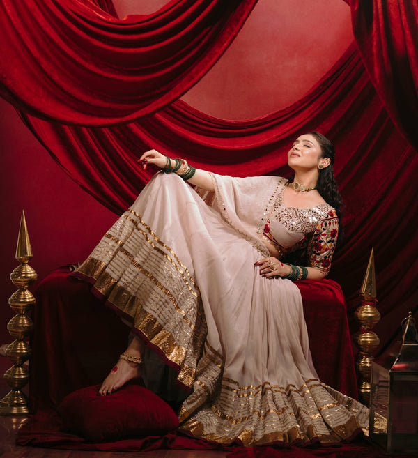 Champagne Beige Malmal Cotton Mirror Work Navratri Lehenga Choli Dupatta Set ClothsVilla