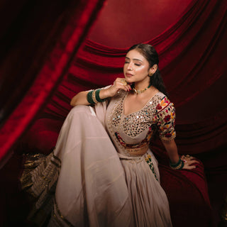 Champagne Beige Malmal Cotton Mirror Work Navratri Lehenga Choli Dupatta Set ClothsVilla
