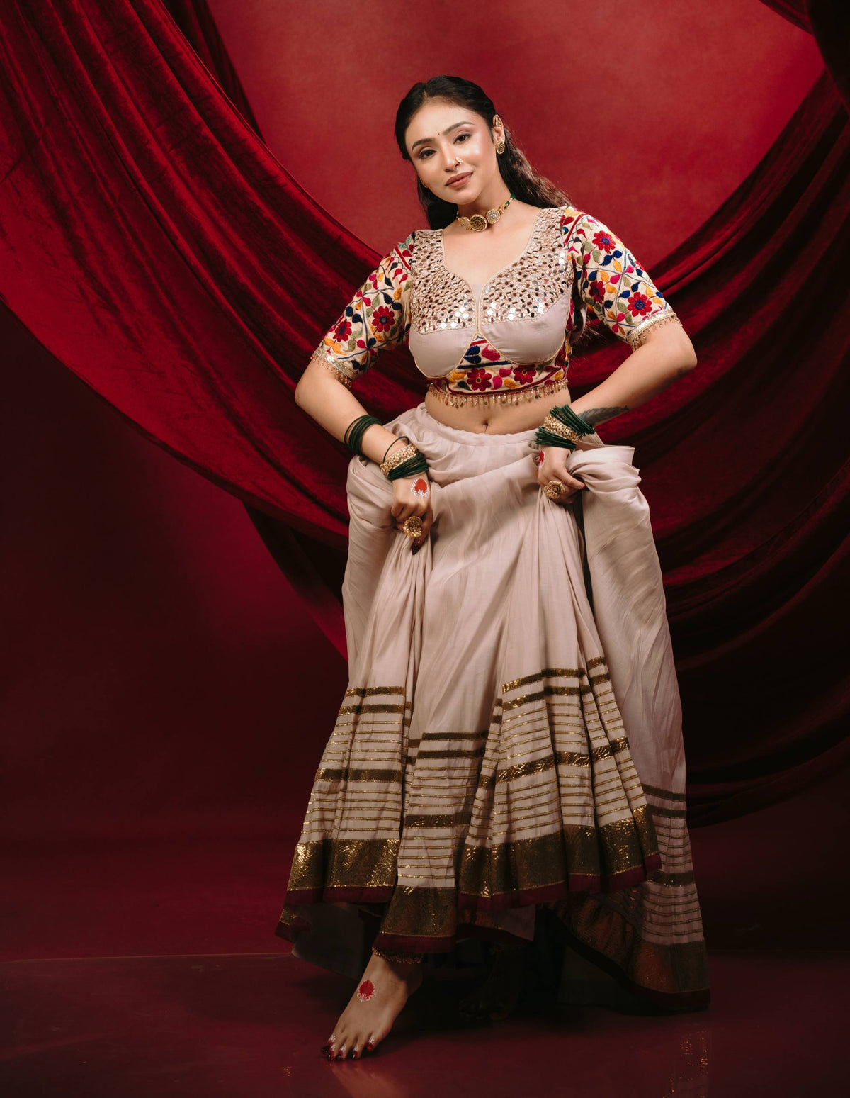 Champagne Beige Malmal Cotton Mirror Work Navratri Lehenga Choli Dupatta Set ClothsVilla