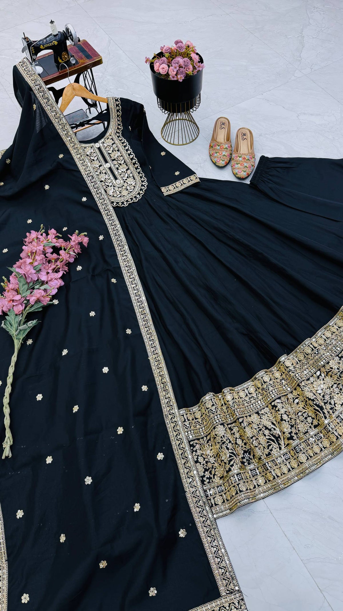 NOOR ZARI Roman Silk Gown Pant Dupatta Set – Red, Plum, Olive, Black & Maroon ClothsVilla