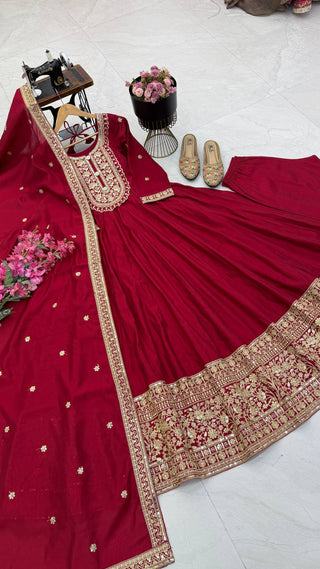 NOOR ZARI Roman Silk Gown Pant Dupatta Set – Red, Plum, Olive, Black & Maroon ClothsVilla