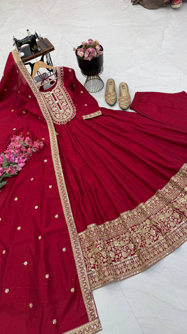 NOOR ZARI Roman Silk Gown Pant Dupatta Set – Red, Plum, Olive, Black & Maroon ClothsVilla