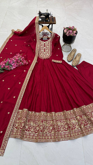 NOOR ZARI Roman Silk Gown Pant Dupatta Set – Red, Plum, Olive, Black & Maroon ClothsVilla