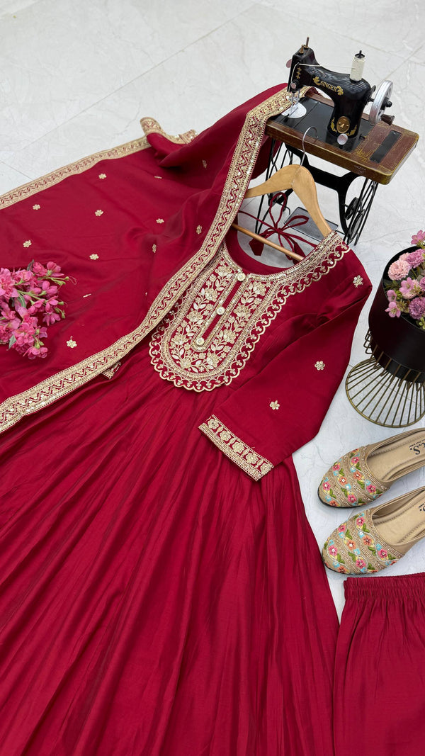 NOOR ZARI Roman Silk Gown Pant Dupatta Set – Red, Plum, Olive, Black & Maroon ClothsVilla