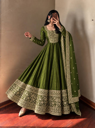 NOOR ZARI Roman Silk Gown Pant Dupatta Set – Red, Plum, Olive, Black & Maroon ClothsVilla