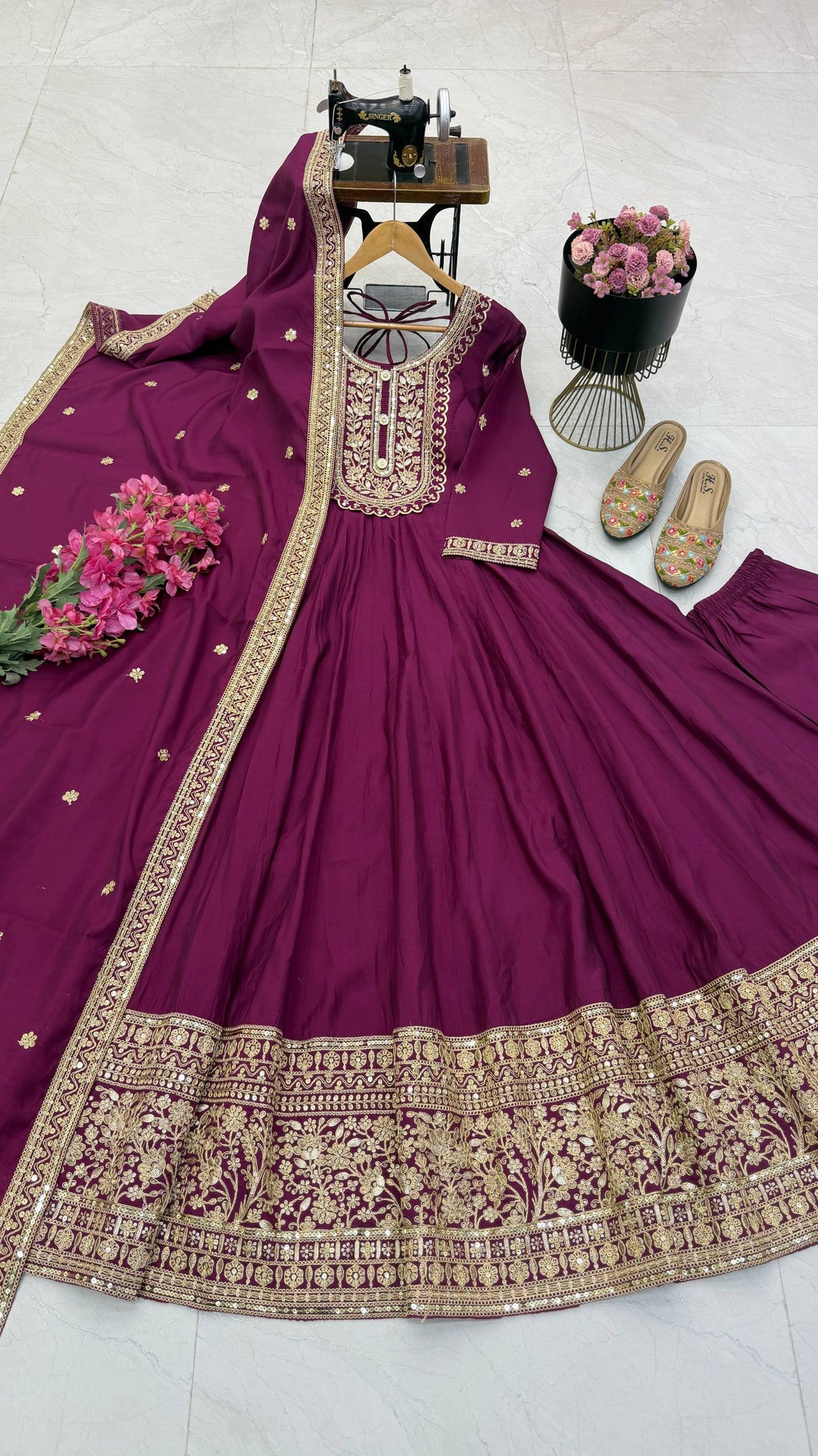 NOOR ZARI Roman Silk Gown Pant Dupatta Set – Red, Plum, Olive, Black & Maroon ClothsVilla