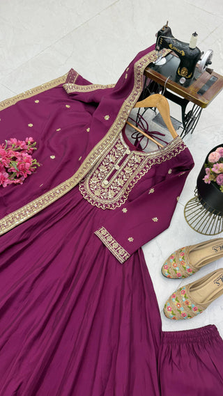 NOOR ZARI Roman Silk Gown Pant Dupatta Set – Red, Plum, Olive, Black & Maroon ClothsVilla