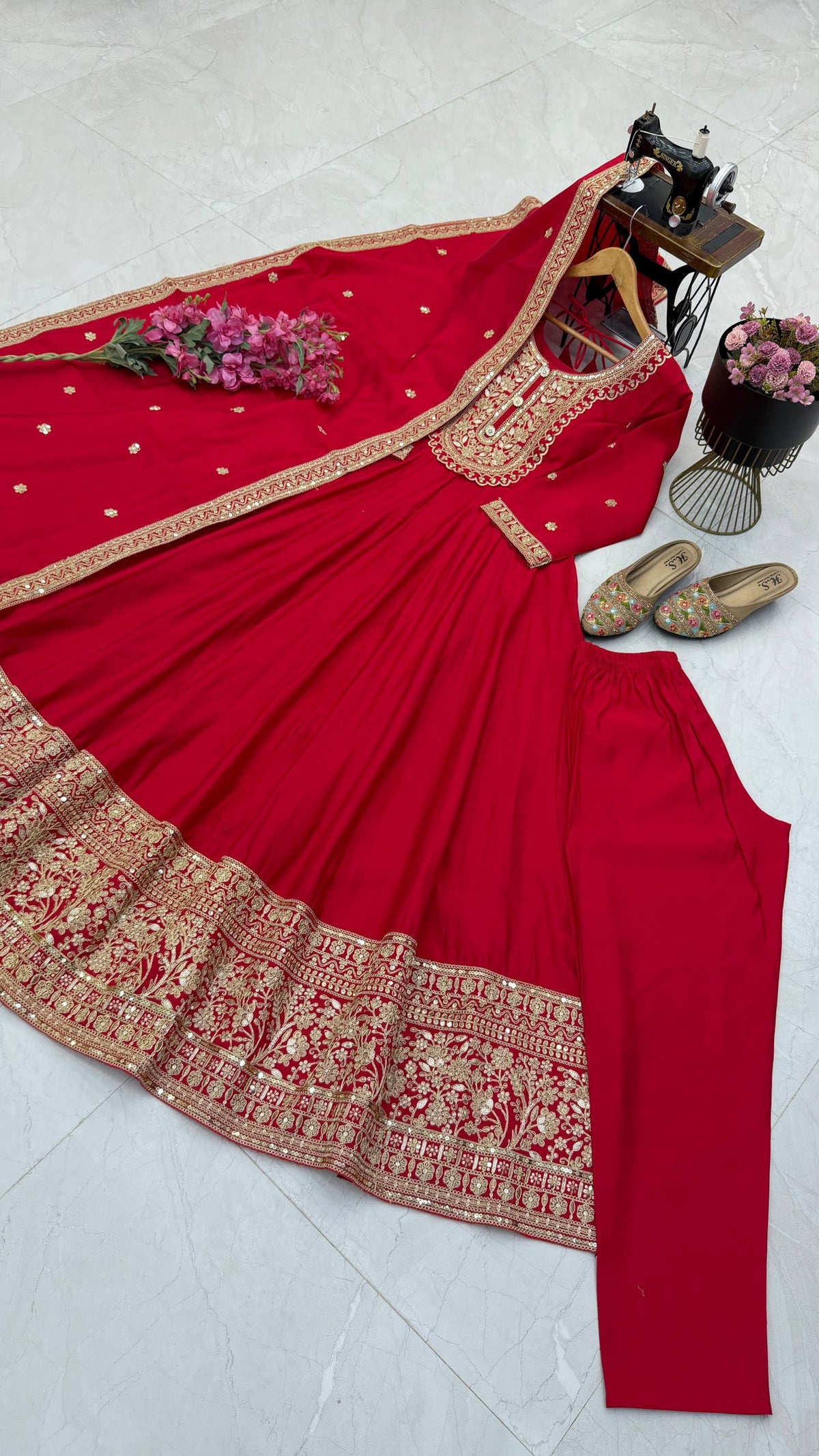 NOOR ZARI Roman Silk Gown Pant Dupatta Set – Red, Plum, Olive, Black & Maroon ClothsVilla