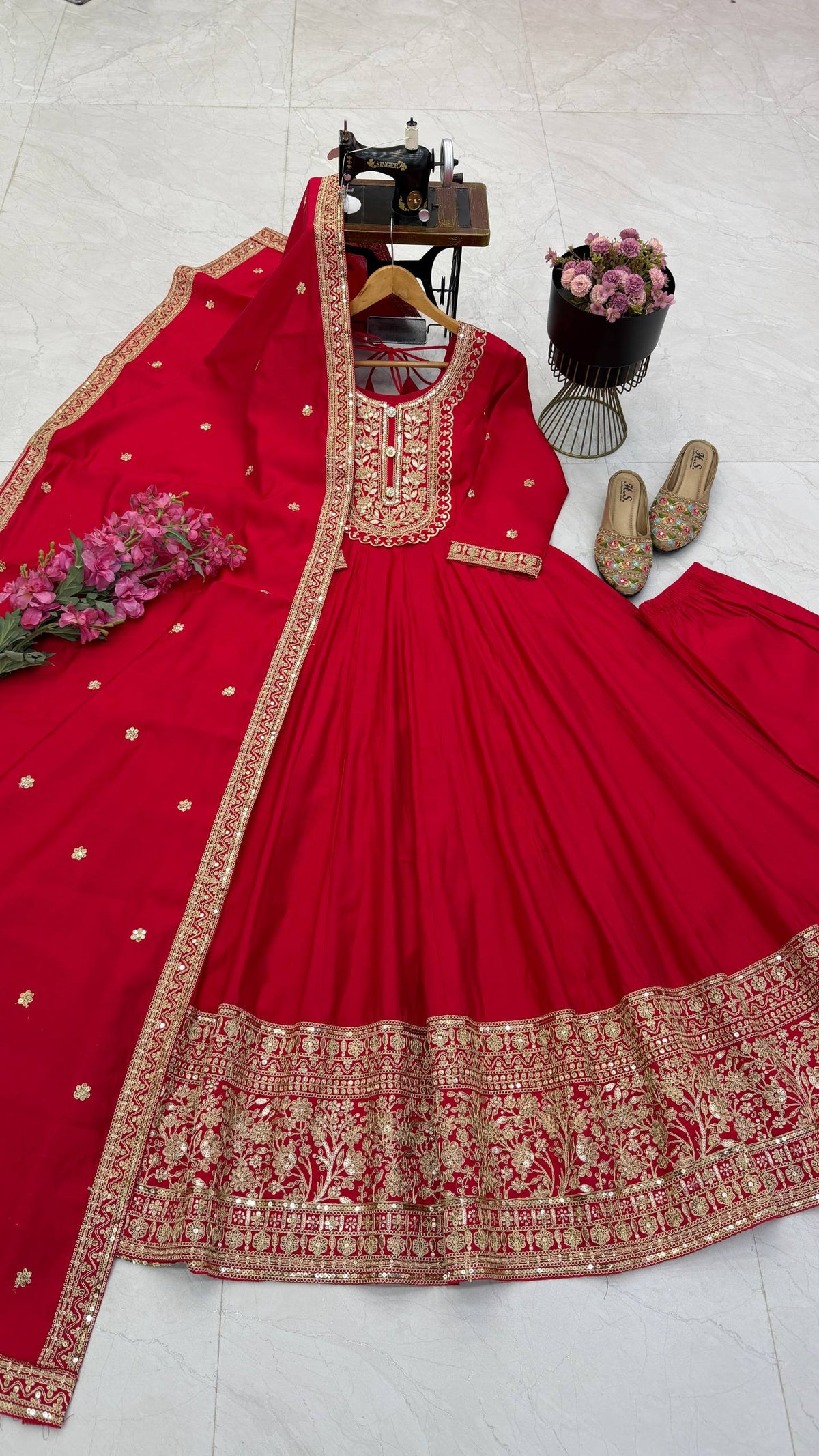 NOOR ZARI Roman Silk Gown Pant Dupatta Set – Red, Plum, Olive, Black & Maroon ClothsVilla