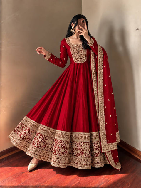 NOOR ZARI Roman Silk Gown Pant Dupatta Set – Red, Plum, Olive, Black & Maroon ClothsVilla Main image