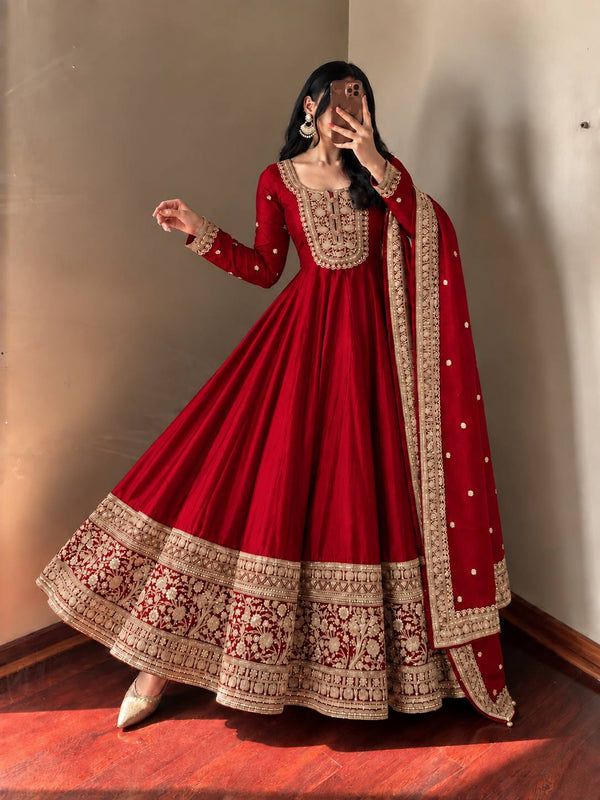 NOOR ZARI Roman Silk Gown Pant Dupatta Set – Red, Plum, Olive, Black & Maroon ClothsVilla