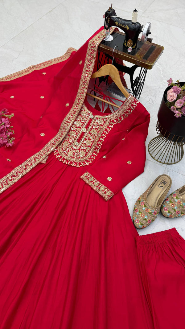 NOOR ZARI Roman Silk Gown Pant Dupatta Set – Red, Plum, Olive, Black & Maroon ClothsVilla