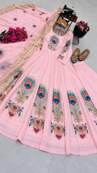 PEACOCK Fendy Silk Printed Embroidered Gown Pant Dupatta Set – Sky Blue, Baby Pink & Off White ClothsVilla