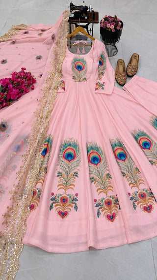 PEACOCK Fendy Silk Printed Embroidered Gown Pant Dupatta Set – Sky Blue, Baby Pink & Off White ClothsVilla