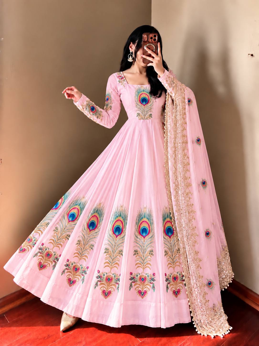PEACOCK Fendy Silk Printed Embroidered Gown Pant Dupatta Set – Sky Blue, Baby Pink & Off White ClothsVilla