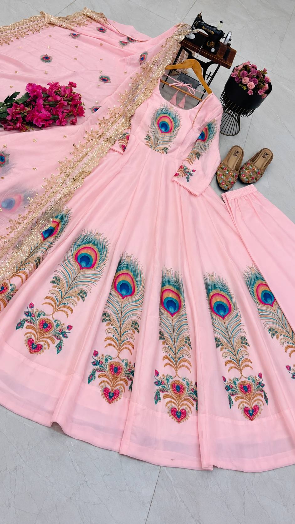 PEACOCK Silk-Finish Printed Embroidered Gown Pant Dupatta Set – Sky Blue, Baby Pink & Off White ClothsVilla