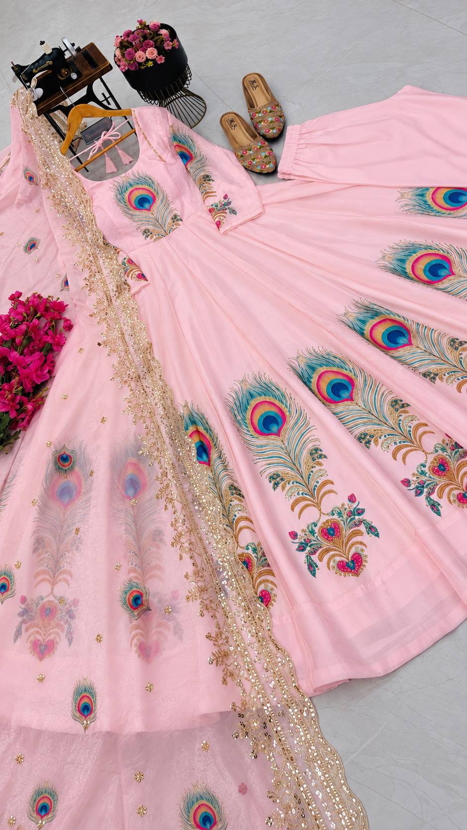 PEACOCK Silk-Finish Printed Embroidered Gown Pant Dupatta Set – Sky Blue, Baby Pink & Off White ClothsVilla