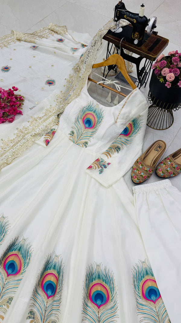 PEACOCK Fendy Silk Printed Embroidered Gown Pant Dupatta Set – Sky Blue, Baby Pink & Off White ClothsVilla