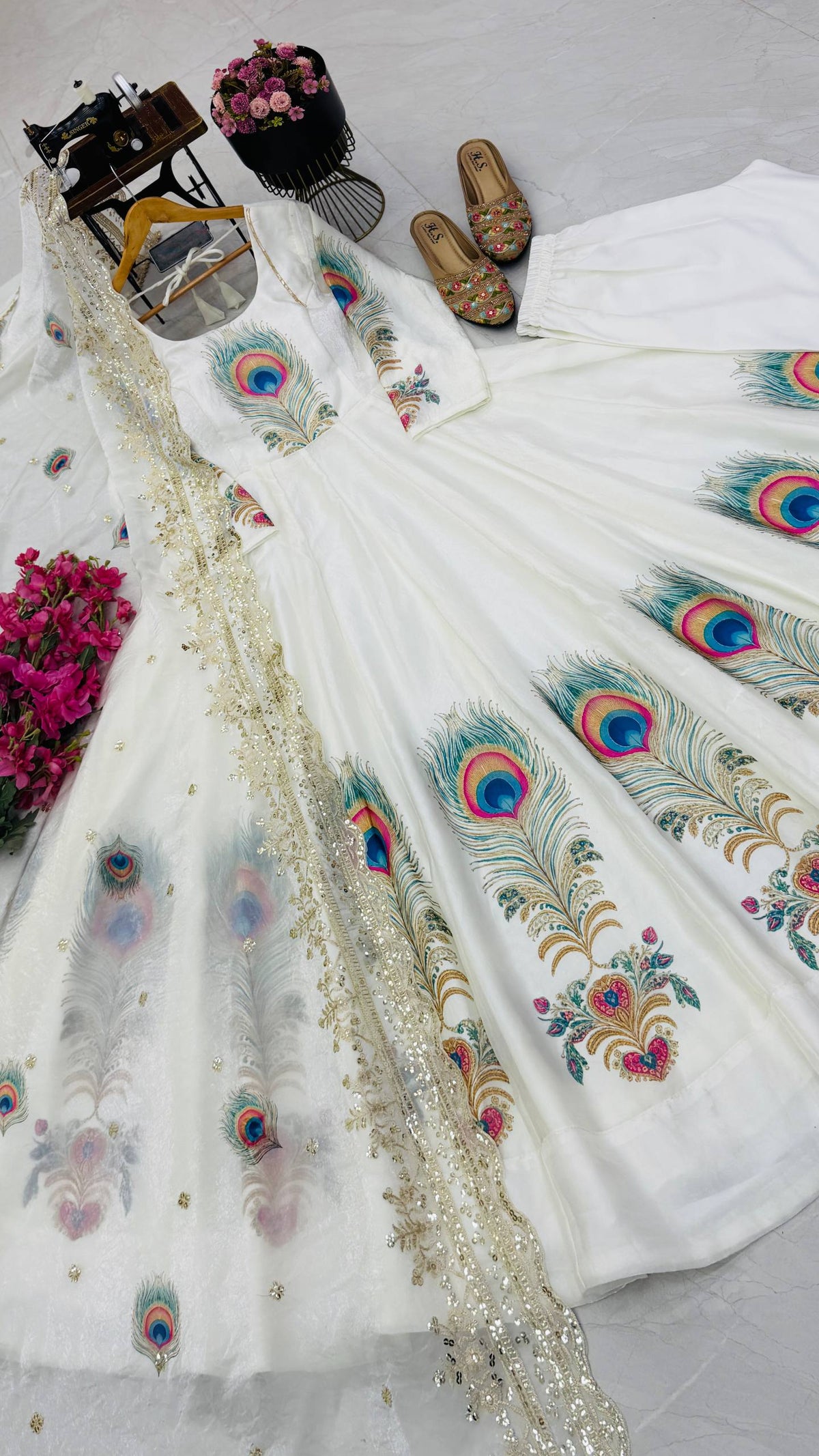 PEACOCK Fendy Silk Printed Embroidered Gown Pant Dupatta Set – Sky Blue, Baby Pink & Off White ClothsVilla