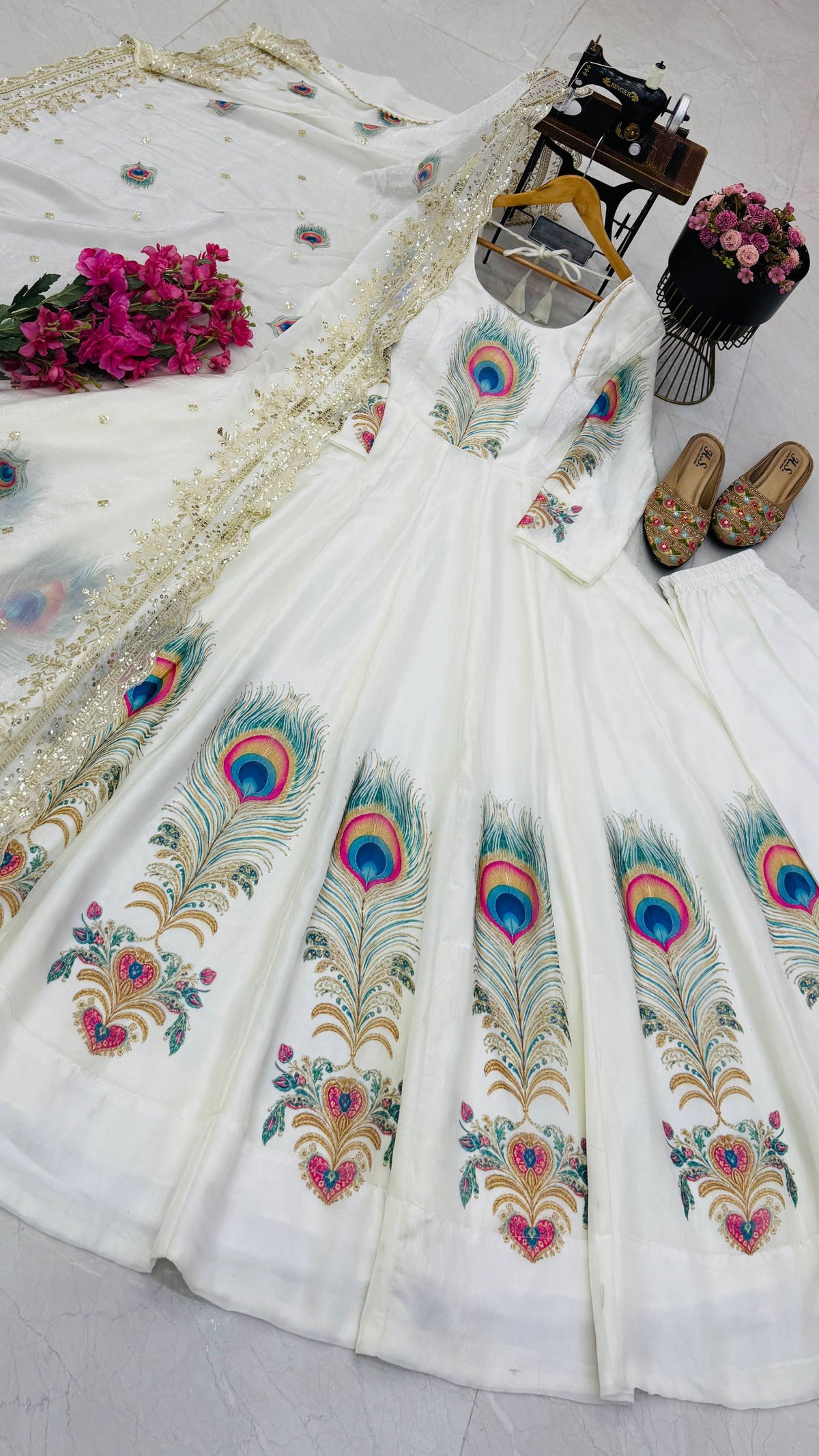 PEACOCK Silk-Finish Printed Embroidered Gown Pant Dupatta Set – Sky Blue, Baby Pink & Off White ClothsVilla