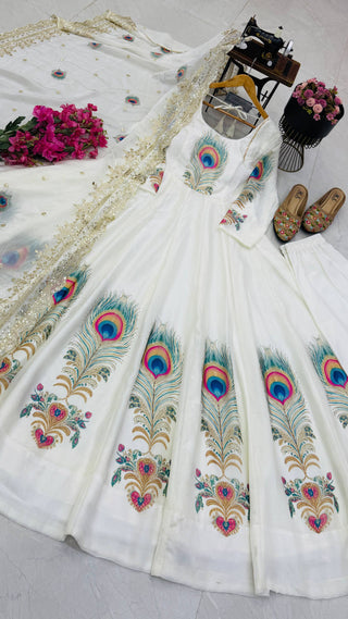 PEACOCK Silk-Finish Printed Embroidered Gown Pant Dupatta Set – Sky Blue, Baby Pink & Off White ClothsVilla