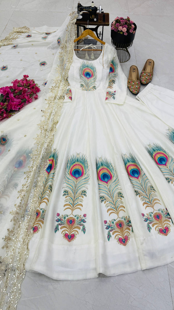 PEACOCK Silk-Finish Printed Embroidered Gown Pant Dupatta Set – Sky Blue, Baby Pink & Off White ClothsVilla