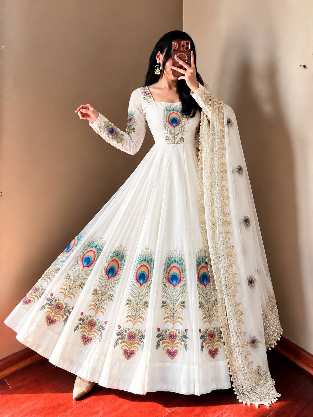 PEACOCK Silk-Finish Printed Embroidered Gown Pant Dupatta Set – Sky Blue, Baby Pink & Off White ClothsVilla
