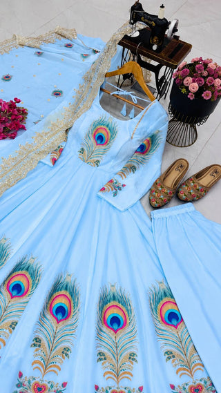PEACOCK Fendy Silk Printed Embroidered Gown Pant Dupatta Set – Sky Blue, Baby Pink & Off White ClothsVilla