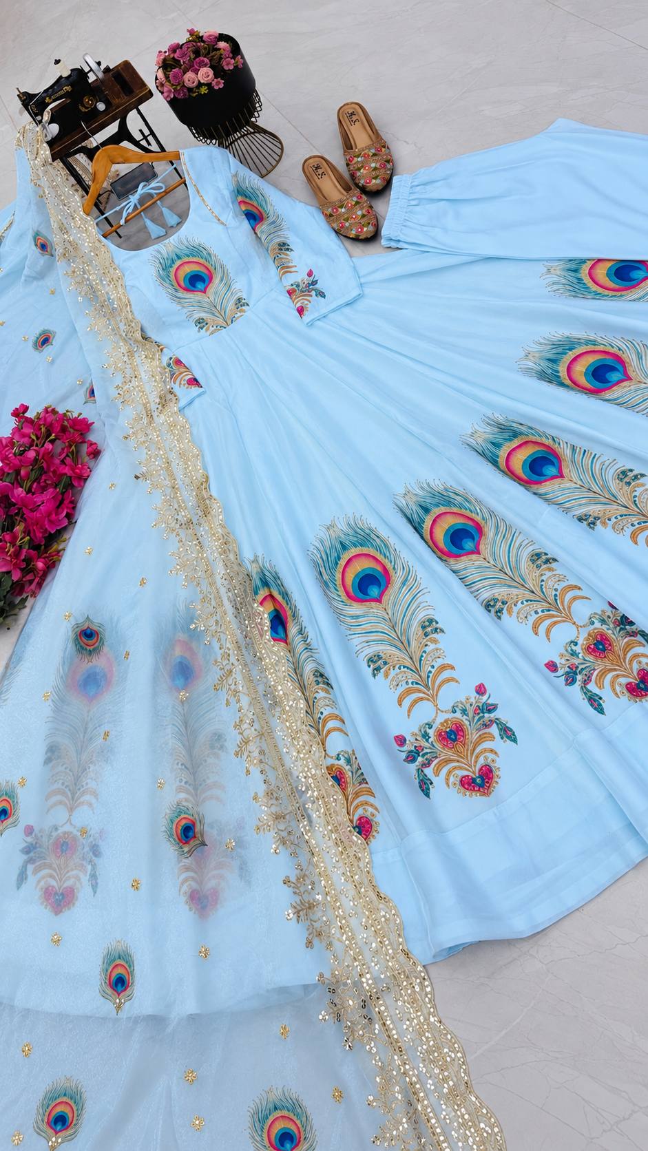 PEACOCK Fendy Silk Printed Embroidered Gown Pant Dupatta Set – Sky Blue, Baby Pink & Off White ClothsVilla