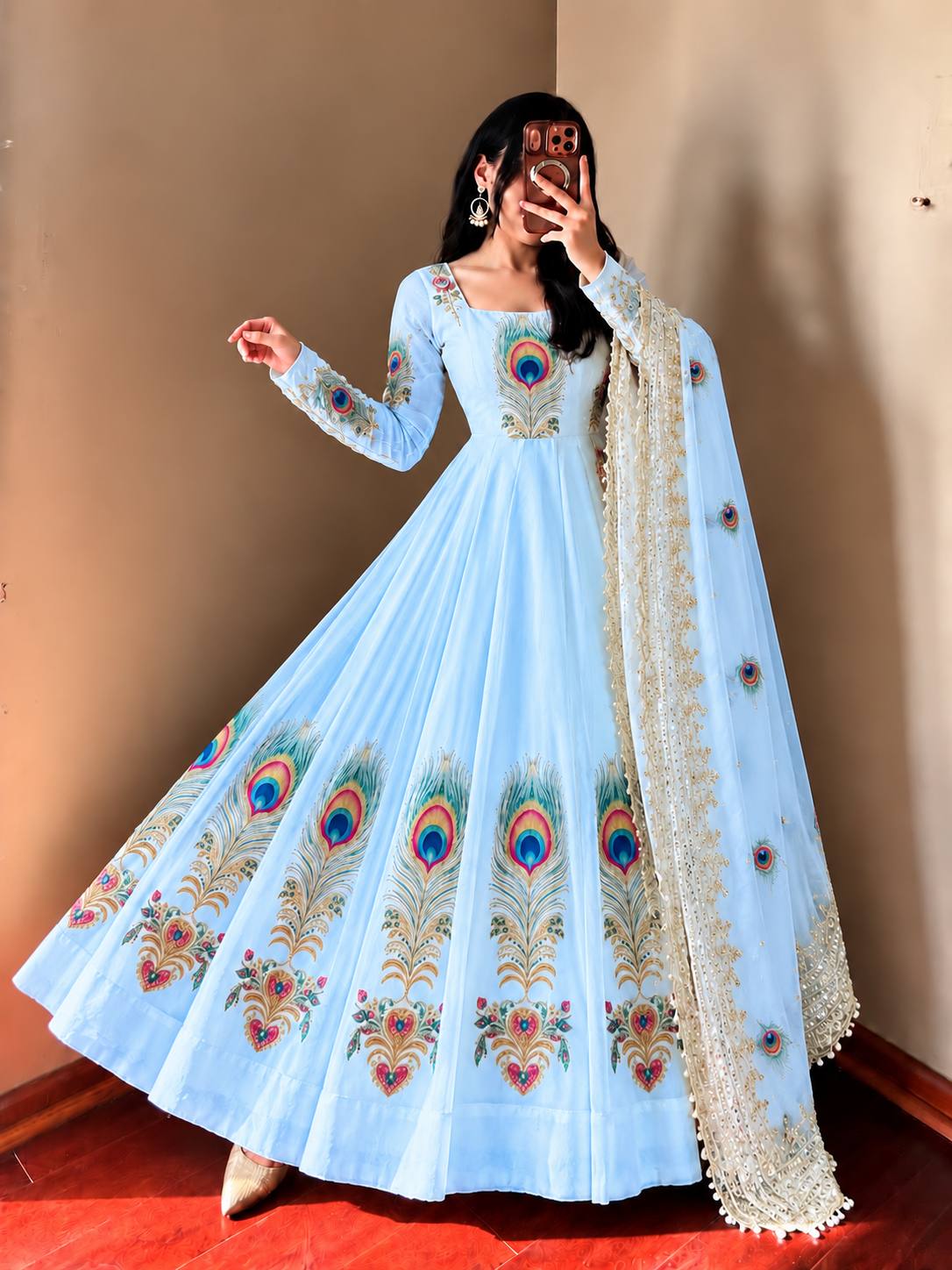 PEACOCK Fendy Silk Printed Embroidered Gown Pant Dupatta Set – Sky Blue, Baby Pink & Off White ClothsVilla