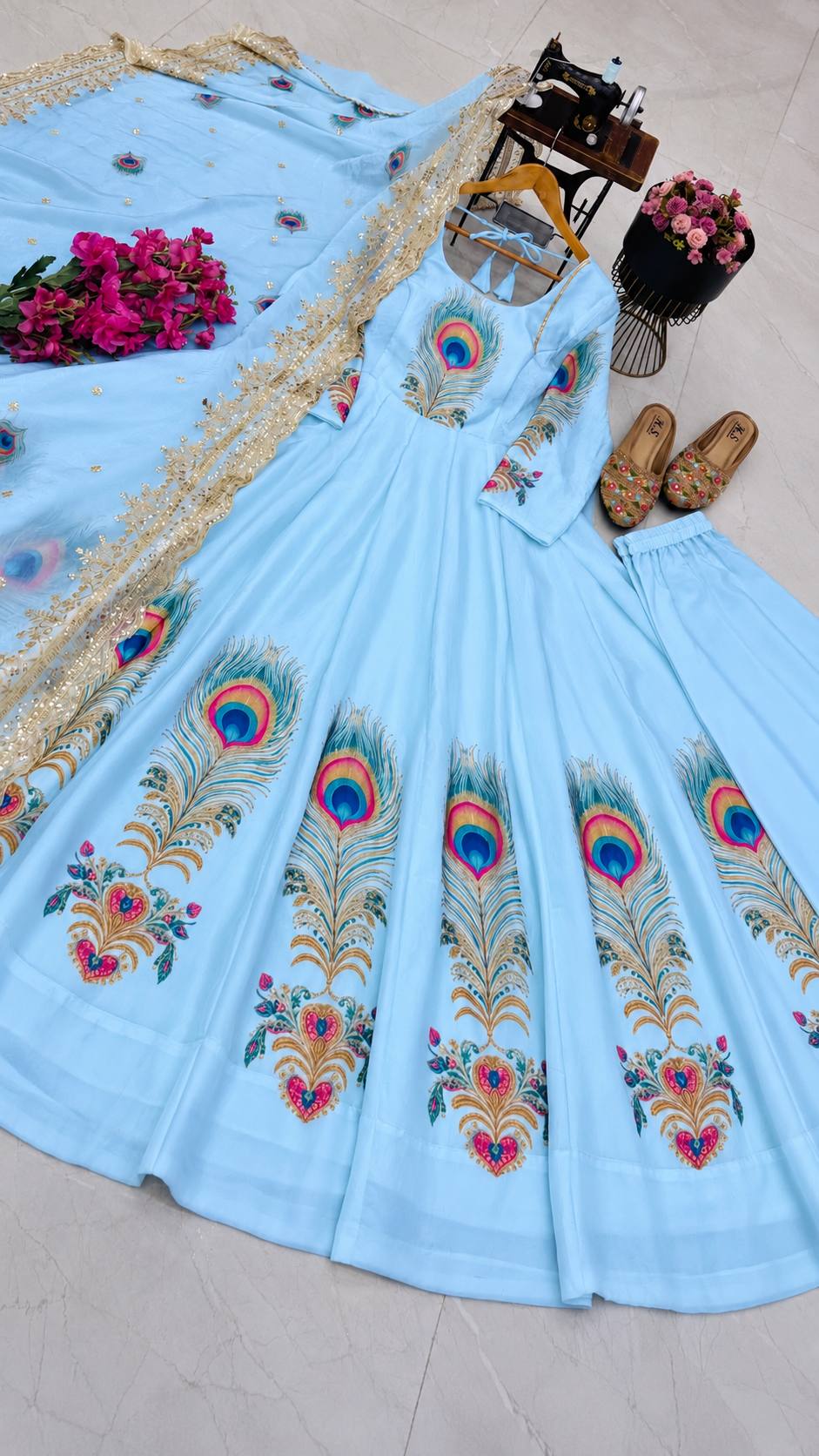 PEACOCK Silk-Finish Printed Embroidered Gown Pant Dupatta Set – Sky Blue, Baby Pink & Off White ClothsVilla
